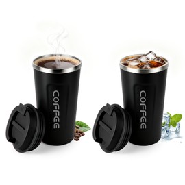 2PCS Termos para Cafe500 ml 17 oz Vasos para cafe de Acero Inoxidable 304 con Tapa, Vasos para Cafe Fro y Caliente, Hermtica Cero Derrames (Negro y...