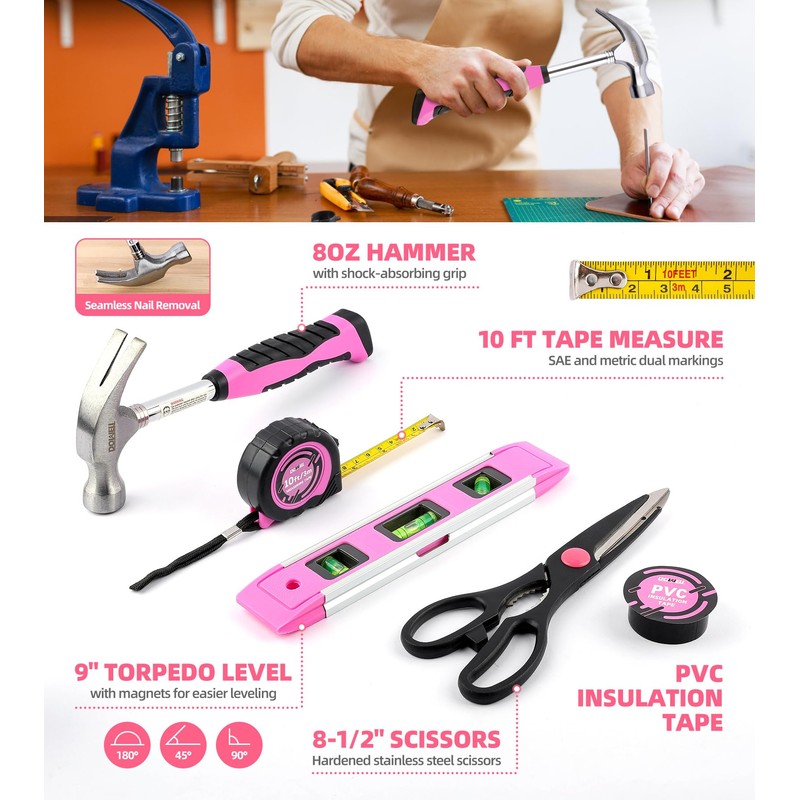 143 Pcs Pink Homeowner Tool Set with 3.6V Cordless Screwdriver