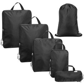 Navaris Compression Packing Cubes 6 Pieces Set - Compressible Travel Bags for Suitcases - Compress Travel Organiser Packing Pods - Suitcase Cabin Bag Hand Luggage Backpack - Black