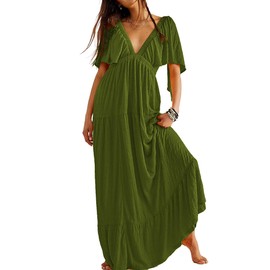 Kikibell Women's Sexy Lounge Long Dress Elegant Backless Maxi Dresses for Wedding Guest Plus Size Olive Green XL