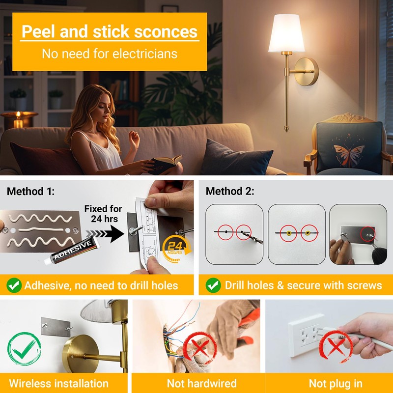 Vimhou Battery Operated Wall Sconce: Peel and Stick Adhesives Stick