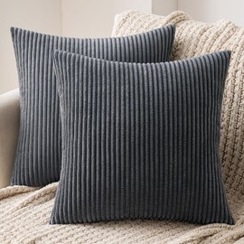 MIULEE Striped Corduroy Fabric Square Throw Pillow Case,Solid Cushion Cover Sham Home for Sofa Chair Couch/Bedroom Decorative Pillowcases Grey 24"x24" 2 Pieces