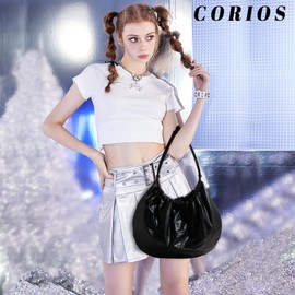 CORIOS Pleated Handbag for Women PU Leather Shoulder Bag Soft Top Handle Bag Large Capacity Tote Bag Retro Hobo Bag Elegant Underarm Bag Black