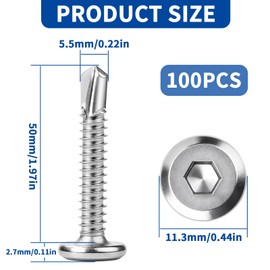 Self-Tapping Screws 410 Stainless Steel 5.5 x 50 mm Self-Tapping Screws Flat Head Hexagon Socket Screws Drilling Screws Stainless Steel with Hexagon Socket Drill Facade Screws Metal Screws Silver Pack