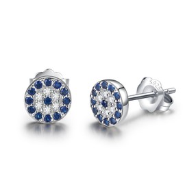 Round Blue Evil Eye Stud Earrings Sterling Silver 925 Eardrop Cubic Zirconia Charms 6x6mm[Rhodium]