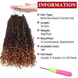 Xtrend 10 Inch 8 Packs Ombre Boho Box Braids Crochet Hair with Curly Ends 14 Strands/Pack Pre Looped Bohemian Messy Goddess Box Braids Hair Extensions Synthetic Bob Goddess Locs Hair T30#