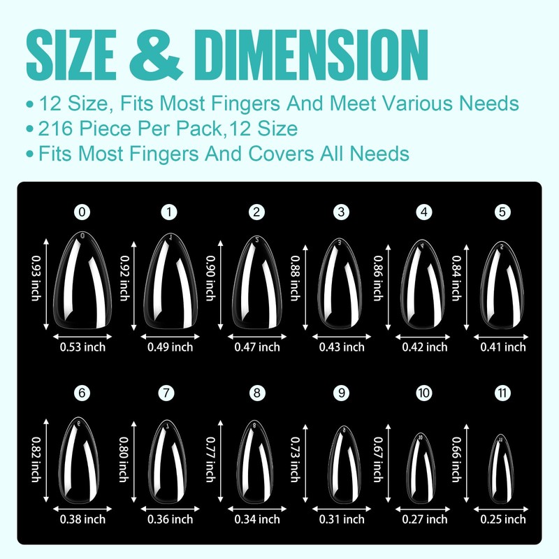 TOMICCA Almond Nail Tips, Medium Almond Acrylic Nail Tips, 216Pcs