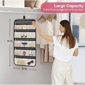 MISSLO Large Hanging Jewelry Organizer Travel Foldable Jewelry Roll Storage Case with 14 Cotton Zippered Pockets for Closet, Traveling, Suitcase