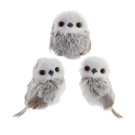 Kurt Adler 3 pc Adorable Furry Gray and White Owl with Feathers Ornaments Set 3 7/8 inches