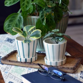 WHW Whole House Worlds Coastal Stripes Planters, Set of 2, Ceramic, Baby Cache Pots with Saucers, Glazed White Stoneware, Pale and Dark Turquoise Blue, 4.25 D x 4 H Inches