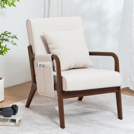 HOMMPA Mid Century Modern Accent Chair with Pillow & Pocket, Upholstered Armchair with Wood Frame & Soft Cushion for Living Room, Bedroom, Balcony, Sunroom, Linen Beige (Low Back)