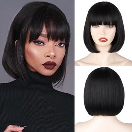 Bob Wig With Bangs - 12 Inch Peek-a-boo Color Short Bob Wig For Black Women Black Mix Brown Daily Costume Wigs, Light Yaki Straight Synthetic Hair Wigs Heat Resistant(12 Inch)