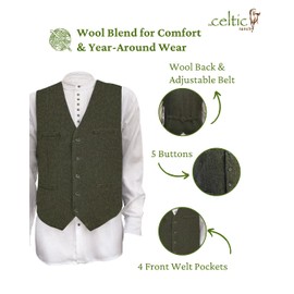 The Celtic Ranch Wool Blend Irish Tweed Mens Vest with Full Back, Adjustable Fabric Belt, 4 Pockets, and Herringbone Pattern (Olive, Large)