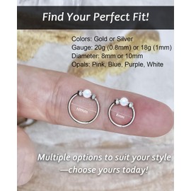 VCMART Nose Rings Set for Women Men Hypoallergenic Stainless Steel L-Shaped Nose Studs 20G White Opal Hinged Small Silver Hoops for Nostril Septum Cartilage Helix Rook 2nd/3rd Earlobe Lip Piercings
