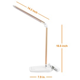 Lichamp Dimmable LED Desk Lamp with USB Charging Port, Touch Control Foldable Gooseneck Free Rotation Adjustable Eye Care Table Lamp, Bedside Reading Light with UL AC Adapter (Gold)