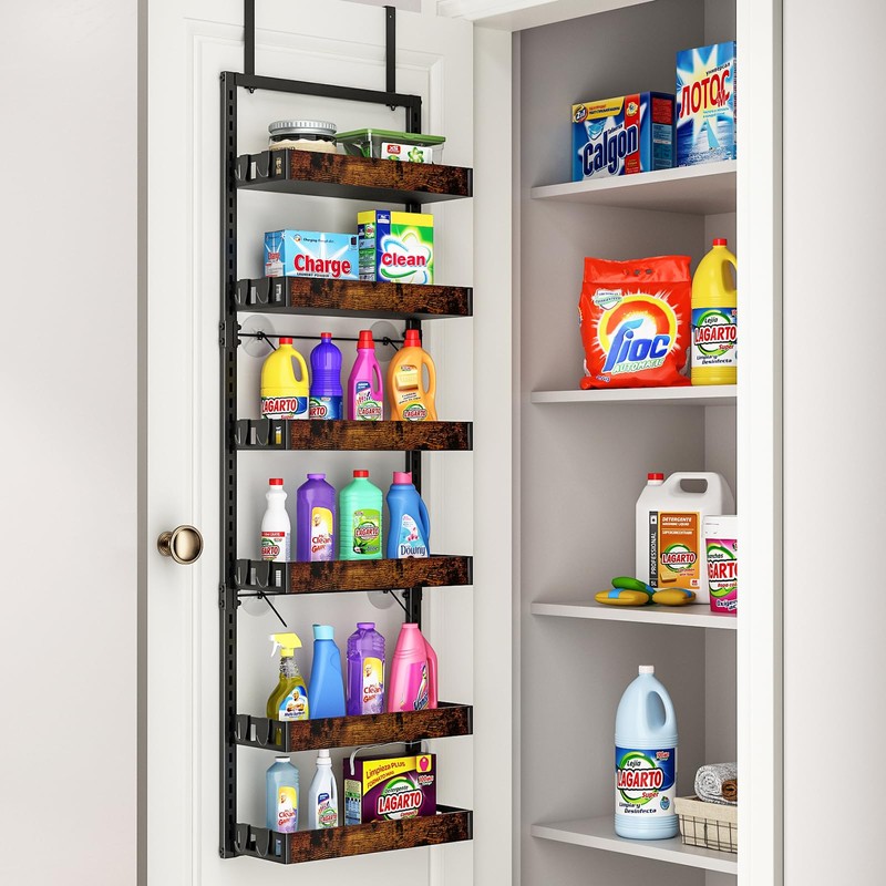 bukfen Over the Door Pantry Organizer, 6-Tier Adjustable Wooden Basket