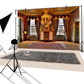 YongFoto 3 x 2 m Photo Background Castle Luxury Palace Fireplace Droplight French Sash Carpet Vintage Curtain European Architecture Interior Photography Background Photo Children Wedding Photo Studio