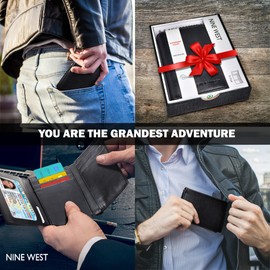 Nine West Vegan Leather Trifold Wallets For Men - Cruelty Free Recycled Leather Mens Wallet With ID Window Gifts For Men, Solid Black