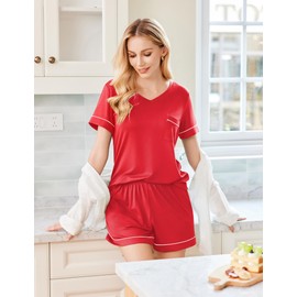 Ekouaer Pajamas Set for Women 2 Piece Sleepwear Short Sleeve Top and Shorts Soft V Neck Pjs Lounge Set with Pockets,Red,X-Large