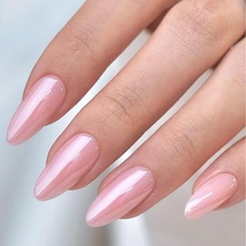 VOTACOS Almond Press on Nails Long Fake Nails Glossy False Nails with Designs Chrome Pink Glue on Nails Full Cover Acrylic Nails Stick on Nails for Women
