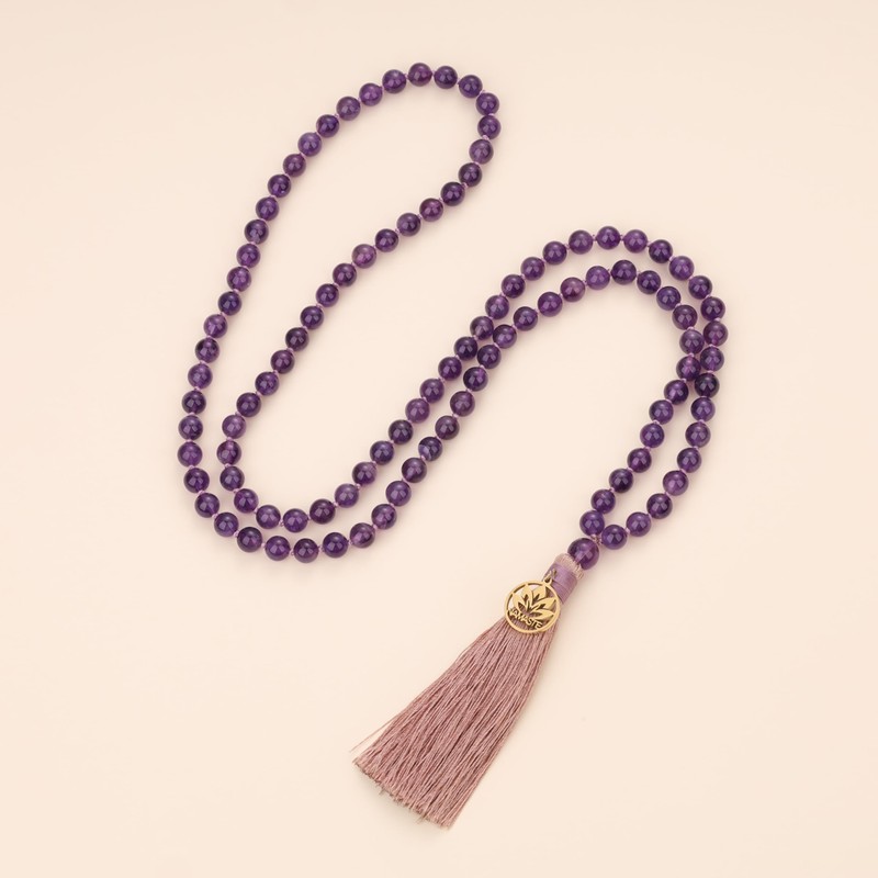 COAI 108 Mala Necklace Gemstone Hand Knotted Tassel, amethyst, Amethyst