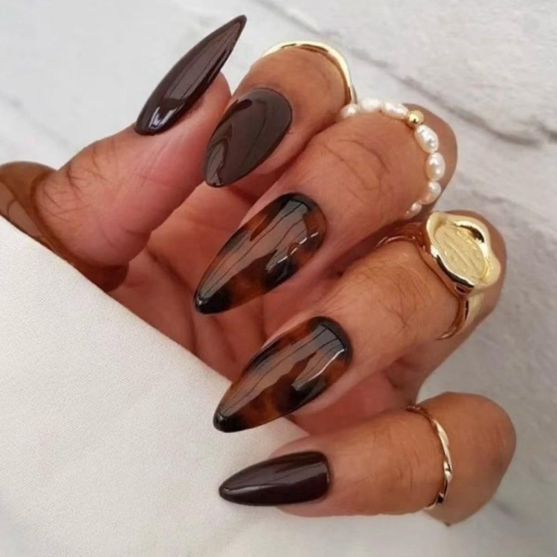 24pcs Brown Press on Nails,Medium Length Ellipses Brown False Nails