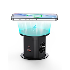 Airmom Versenkbare Steckdose 2 Fach mit 2 USB-C,2 USB-A, Tischsteckdose versenkbar mit 15W kabellosem Laden, Einbausteckdose für Arbeitsplatte, Küche & Büro, D 85mm,Schwarz