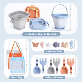 Dreamon Juguete de Arena para niños, 18 Unidades, Juguete de Arena de Viaje con Cubo Plegable, Caja de Arena, Juguete de Playa para niños a Partir de 3, 4, 5 años, niña y niño (Azul, Naranja, Gris)