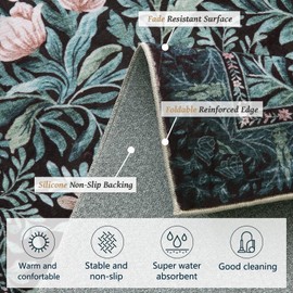 Washable Area Rugs 8x10 Black Green Vintage Floral Botanical Pattern,Perfect for Living Room, Bedroom, Kids Room, Nursery - Stain & Water Resistant Non-Slip, Pet & Child Friendly/Bedroom Decor