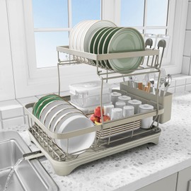 HOMEBOSILY Dish Drying Rack for Kitchen Counter,Two-Tier Dish Rack with Utensil Holder, Auto-Draining Dish Racks, Large Capacity Dish Drainer Organizer for Plates, Bowls, Cups with Drainboard Grey