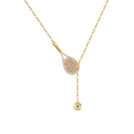 PickleBelle LOVEMATCH TENNIS LARIAT PLUS RACKET AND BALL NECKLACE GOLD, Gold, sterling silver, Cubic Zirconia