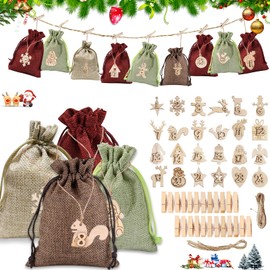 Advent Calendar for Filling, 24 Bags for Advent Calendar + 1-24 Numbers Wooden Tags + 24 Small Clips, Christmas Gift Bags Fabric Bag, Advent Calendar Bags, Christmas Calendar DIY