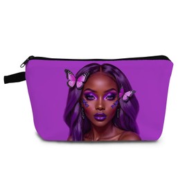 YULUENZE African American Lady Makeup Bag Cute Small Organizer Bag with Zipper Purple Butterfly Black Woman Cosmetic Bag Aesthetic Birthday Present for Women Sisters Friends