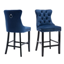 SoarTalent Velvet Upholstered Bar Stools Set of 2 with Back and Wood Legs, Metal Pulling Ring, Armless Counter Height Barstools for Kitchen Island, Pub(Blue)