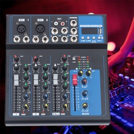4 Channel Professional DJ Audio Mixer Sound Board Console Interface Digital USB Bluetooth Input 48V Phantom Power Stereo DJ Studio Streaming for Recording, Podcasting