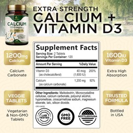 Nature's Nutrition Calcium 1200 mg with Vitamin D3, Calcium Supplement Vitamins, Supports Bone Strength, Teeth & Immune System, Calcium Supplements for Women & Men, Nature's Absorbable Calcium Carbonate - 240 Tablets