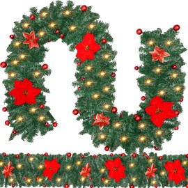 Riceshoot 2 Pcs 9 ft Christmas Garland with Lights Pre Lit Xmas Artificial Flower Vine Plants Battery Operated 220 LED Lighted Christmas Garland Decorations for Fireplace Stair Door (Red)