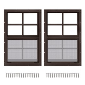 2 Pack 14" x 21" Brown Shed Window with Tempered Glass and Fiberglass Screen Household Sliding Windows with Screws for Shed, Chicken Coop, Playhouse, Garage and Barns