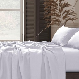 Tribeca Living 100% French Linen 4-Piece Bed Sheet Set, White, Queen Sheets - Extra Deep Pocket Sheet Set, European Flax Certified, Garment Washed, Solid