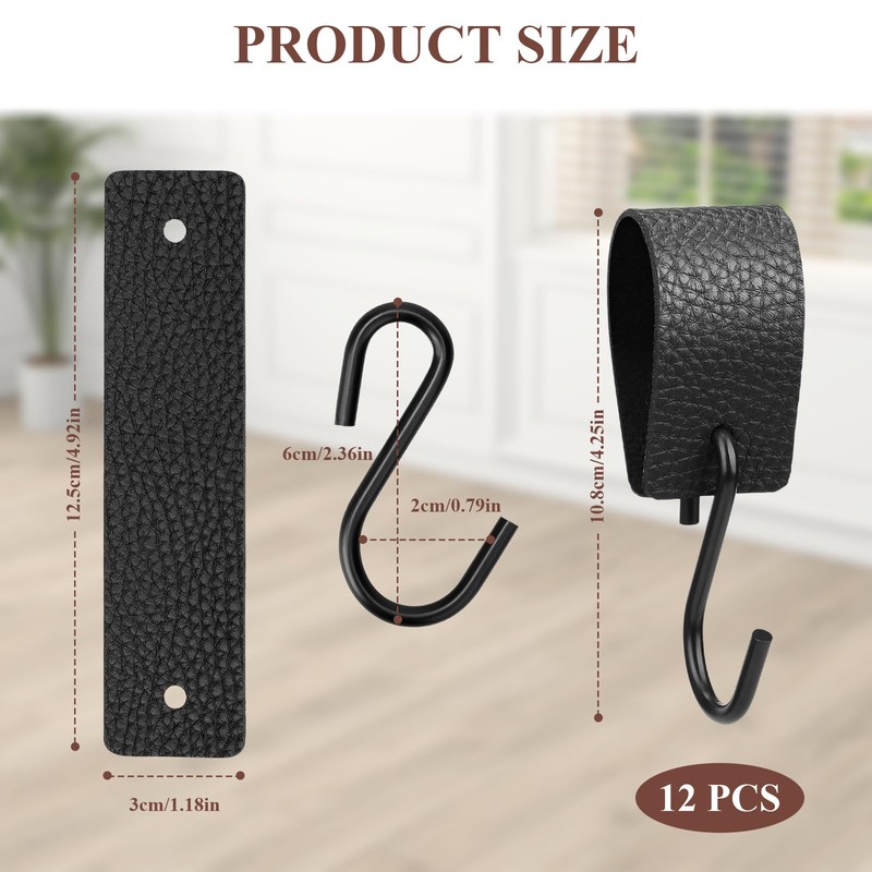 Pack of 12 S Hooks Black with Leather Loop, Clothes