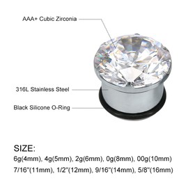 ZeSen Jewelry Black Ear Plugs Single Flare Ear Gauges Clear CZ Earring Gauge with O-Ring Stainless Steel Stretcher Expander Piercing for Men and Women