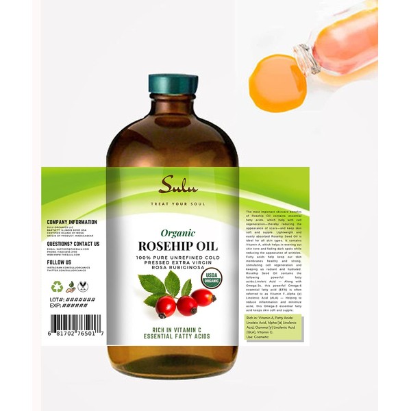 SULU ORGANICS 64 FL.OZ- 100% Pure Certified Organic Unrefined Extra Virgin Rosehip Oil