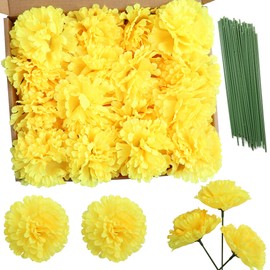 Jdsour 50 Pack Artificial Silk Carnation Picks, Artificial Flowers Carnation Heads with Stems for DIY Flower Wall Wedding Bouquets Centerpieces Arrangements Decorations -Yellow