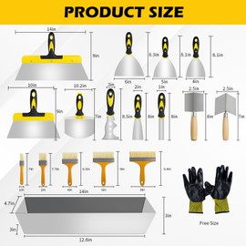 18 pcs Putty Knife Set,Drywall Knife,Espatulas Drywall Kit With Mud Pan,1” 2” 3” 4” 5” 6” Spackle Knife,7” 10” 14” Taping Knives,External Corner Trowel & Internal Corner Trowel,5 Brushes And Gloves