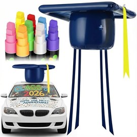 Simgoing Graduation Car Decorations Kit for Class of 2026 Inflatable Graduation Cap 19.7 Inch Car Topper Hat and 8 Pcs Erasable Window Markers Window Paint Pens Dry Erase for 2026 Grad Decor(Blue)