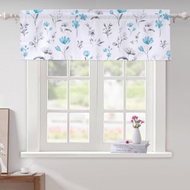 CHICNOOK Teal Floral Light Filtering Kitchen Valance Curtains Watercolor Printed Wildflower Short Curtains with Rod Pocket for Bathroom, 52*18in
