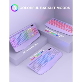 SABLUTE Wireless Keyboard and Mouse Combo, 9 Backlit Effects, Wrist Rest, Phone Holder, 2.4G Lag-Free Ergonomic Keyboards, Rechargeable Silent Cordless Set for Computer, Laptop, Mac, Windows（Purple）