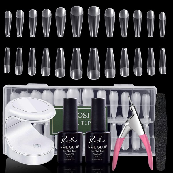 Rehoo Gel Nail Tips Set, 500pcs False Nails with Mini UV Lamp, 15ml Glue for Nail Extensions, Base for Nail Design