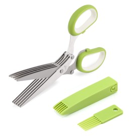 Herb scissors, Multipurpose Cutting Shears with 5 Blade Kitchen Salad Scissors, Safety Cover and Cleaning Comb for Chopping Cilantro Onion Basil Chive Parsley, Green