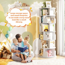 Aheaplus 6 Tier Rotating Bookshelf, Wood Spinning Bookshelf Tower, Round Revolving 360 Bookcase, Narrow Turning Book Shelf Rolling Corner Organizer for Small Space, Bedroom, Office, White